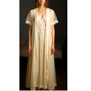 VTG 60s Peignoir Set Nightgown Robe Lace Bodice Sheer Chiffon Deep V Sexy Flowy